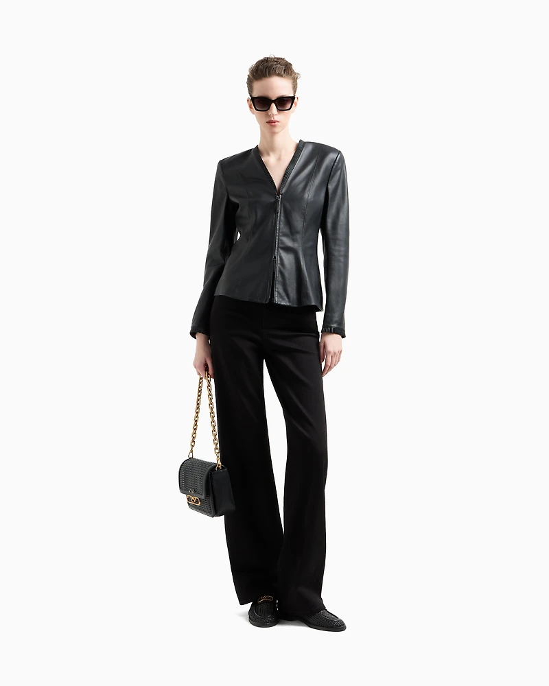 Emporio Armani - Glove-quality, lambskin nappa leather slim-fit jacket, Woman, Black, Size: