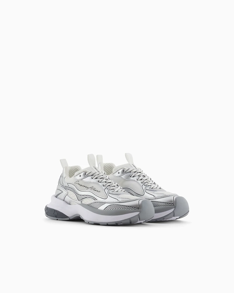 Emporio Armani - Mesh sneakers with laminated details and signature logo, Woman, Silver, Size: