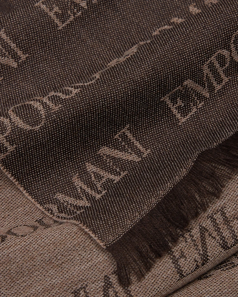 Emporio Armani - Virgin-wool blend scarf with jacquard logo lettering and fringes, Man, Brown, Size: TU