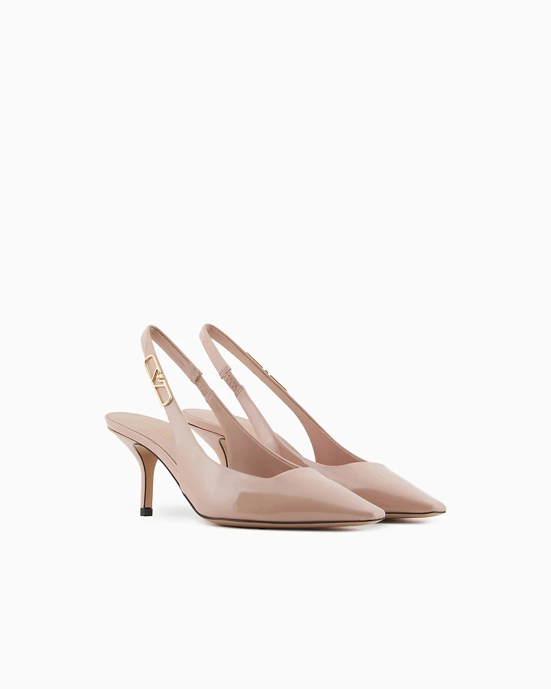 Emporio Armani - Patent-leather slingback court shoes with eagle plate, Woman, Beige, Size: