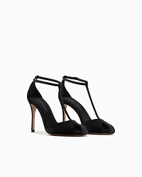 Emporio Armani - Satin T-bar sandals with rhinestones, Woman, Black, Size: