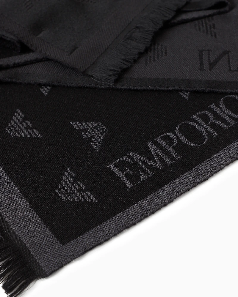 Emporio Armani - Wool scarf with all-over jacquard eagle, Man, Grey, Size: TU