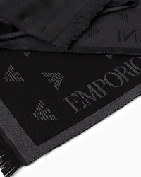 Emporio Armani - Wool scarf with all-over jacquard eagle, Man, Grey, Size: TU