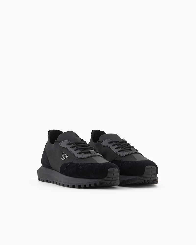 Emporio Armani - Knit sneakers with suede details, Man, Black, Size:
