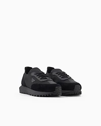 Emporio Armani - Knit sneakers with suede details, Man, Black, Size: