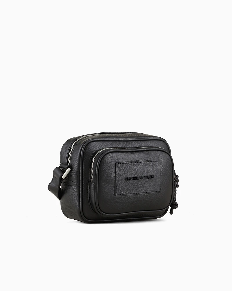 Emporio Armani - Tumbled-leather camera case with shoulder strap, Man, Black, Size: TU