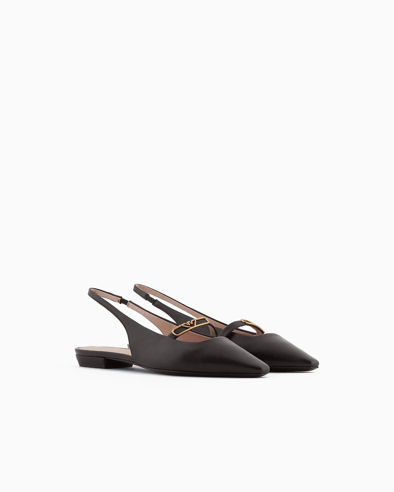 Emporio Armani - Nappa-leather slingback ballerinas with eagle plate, Woman, Brown, Size:
