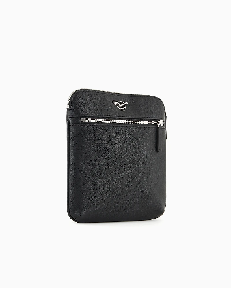 Emporio Armani - ASV regenerated Saffiano leather flat shoulder bag with eagle plate, Man, Black, Size: TU
