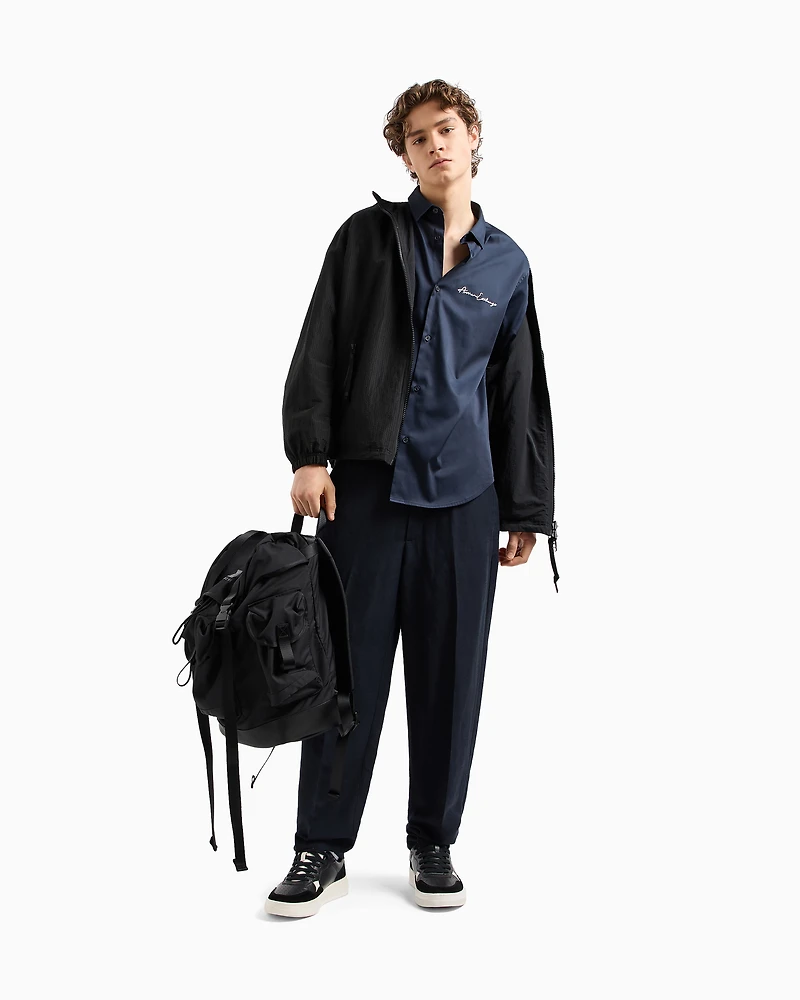 Armani Exchange - Regular fit shirt in stretch satin cotton, Man, Navy Blue, Size: XS