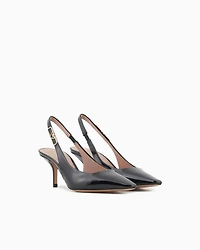 Emporio Armani - Patent-leather slingback court shoes with eagle plate, Woman, Black, Size: