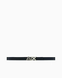 Reversible leather belt with satin metal logo buckle