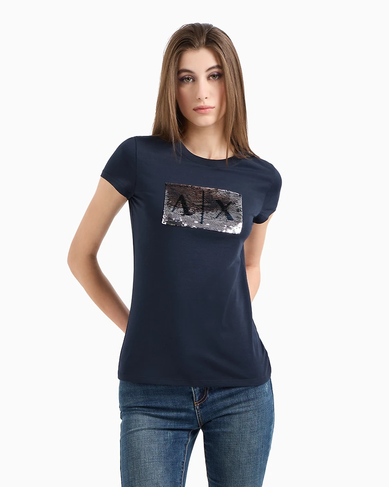 Armani Exchange - Slim fit T-shirt stretch cotton jersey, Woman, Navy Blue, Size: