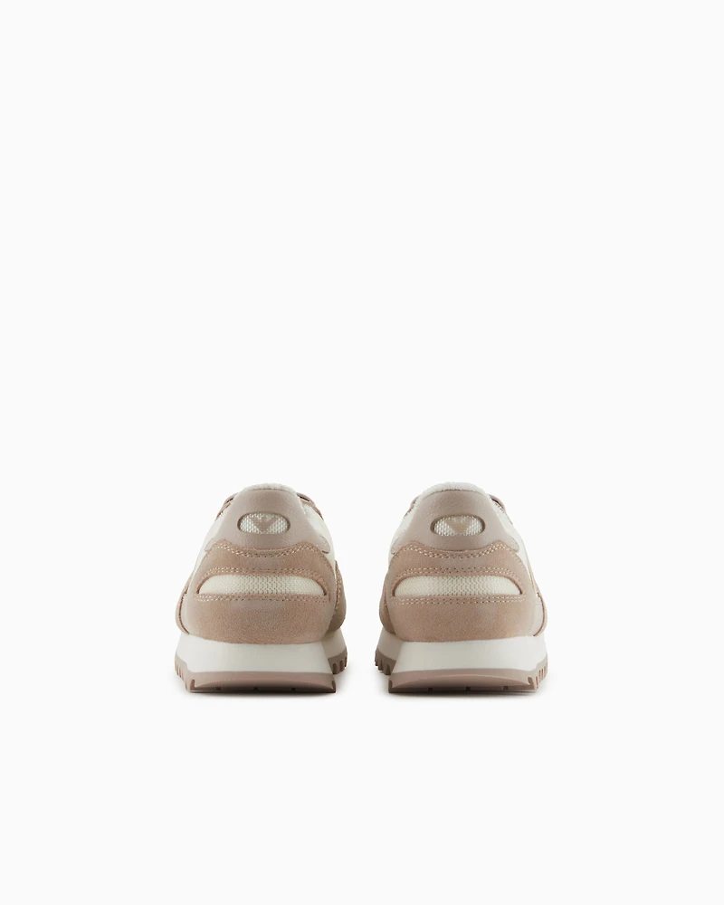 Emporio Armani - Mesh sneakers with suede details and eagle patch, Boy, Beige, Size: