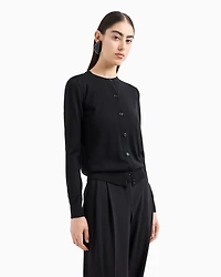 Emporio Armani - Cardigan in plain-knit, pure virgin wool, Woman, Black, Size: 52