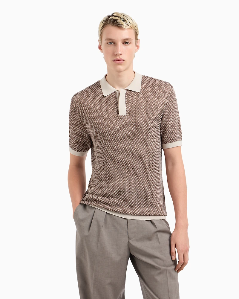 Emporio Armani - Micro-pattern jacquard knit Polo shirt, Man, Beige, Size: