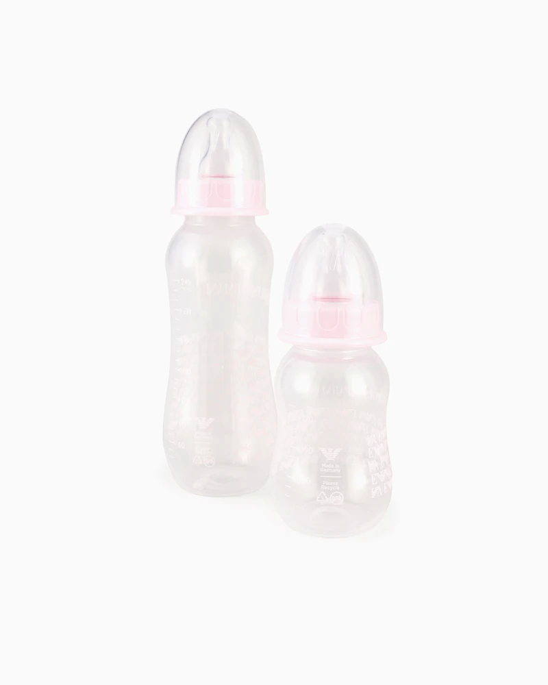 Emporio Armani - Infant-care set with two bottles, dummy and clip-on drawstring, Boy, Pink, Size: TU