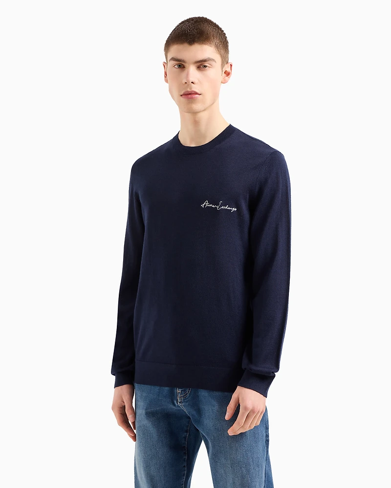 Armani Exchange - Wool blend crew neck sweater with chest logo, Man, Navy Blue, Size: