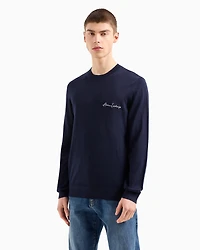 Armani Exchange - Wool blend crew neck sweater with chest logo, Man, Navy Blue, Size:
