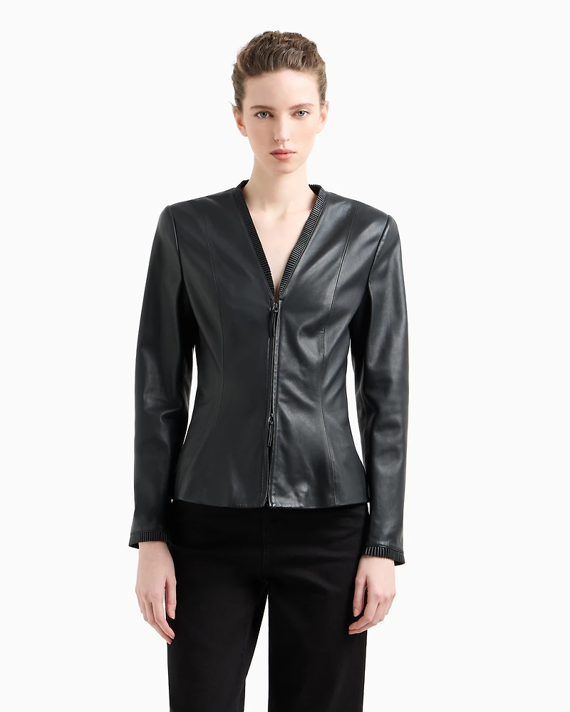 Emporio Armani - Glove-quality, lambskin nappa leather slim-fit jacket, Woman, Black, Size: