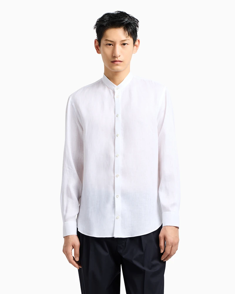 Emporio Armani - Linen chambray shirt with guru collar, Man, White, Size: