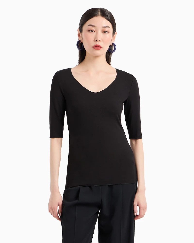 Emporio Armani - Viscose stretch jersey V-neck jumper with three-quarter length sleeves, Woman, Black, Size: