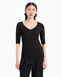 Emporio Armani - Viscose stretch jersey V-neck jumper with three-quarter length sleeves, Woman, Black, Size: