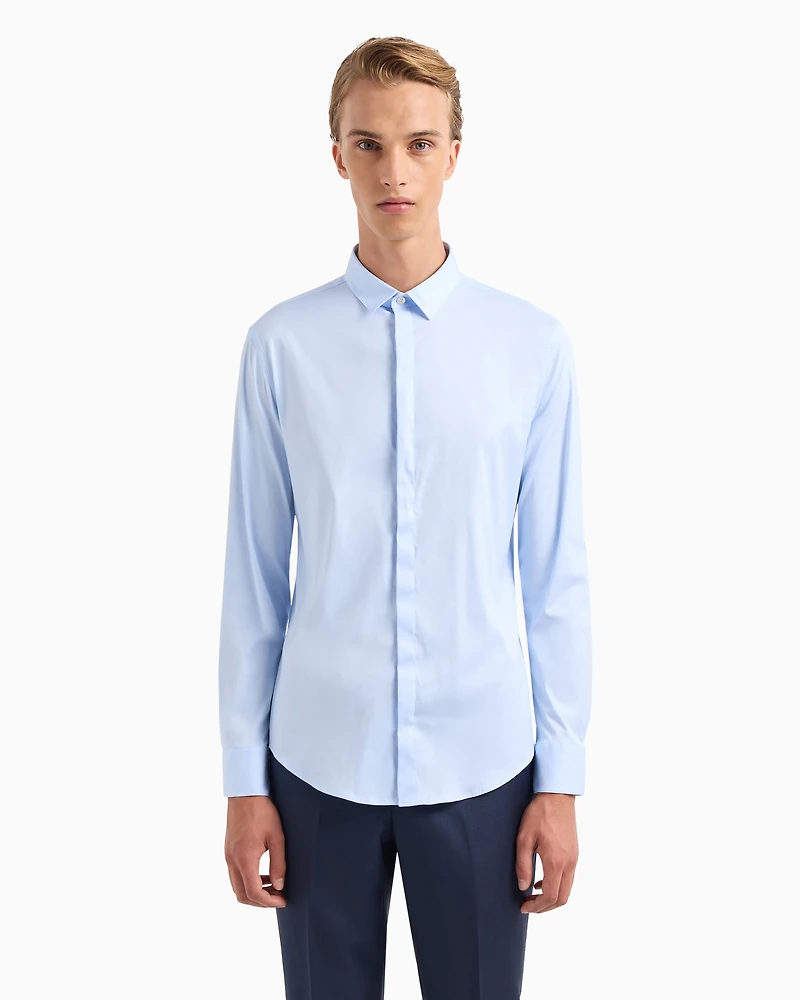 Emporio Armani - Lightweight comfortable satin slim-fit shirt, Man, Light Blue, Size: