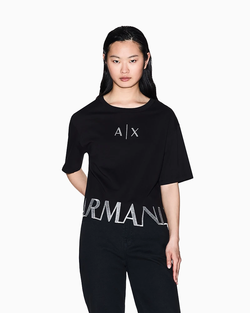 Armani Exchange - Cropped T-shirt with logo profile, Woman, Black, Size: