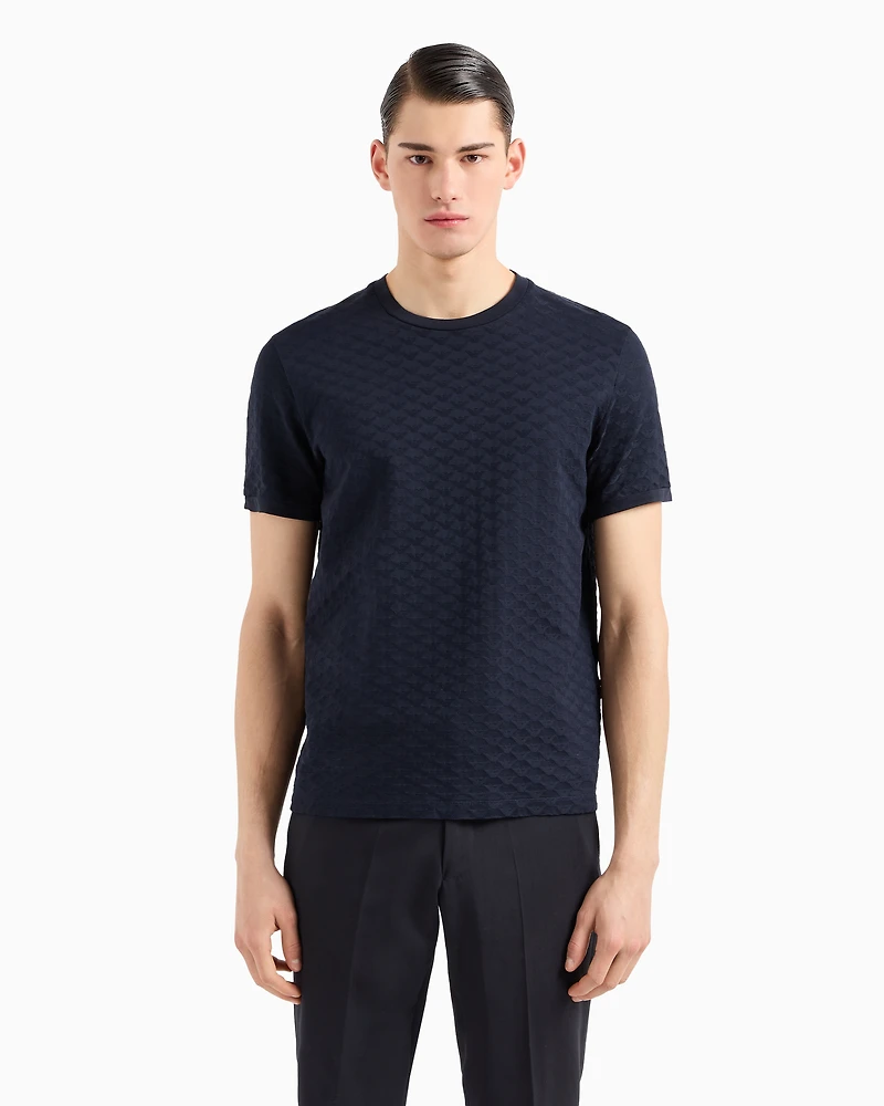 Emporio Armani - Mercerised-jersey T-shirt with all-over jacquard eagle, Man, Navy Blue, Size: