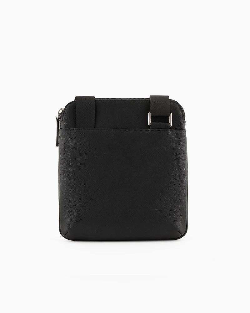 Emporio Armani - ASV regenerated Saffiano leather flat shoulder bag with eagle plate, Man, Black, Size: TU