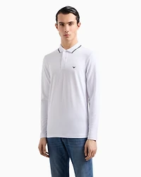 Emporio Armani - Long-sleeved stretch piqué polo shirt with micro eagle embroidery, Man, White, Size: