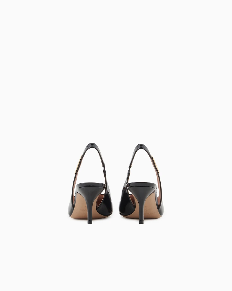 Emporio Armani - Patent-leather slingback court shoes with eagle plate, Woman, Black, Size: