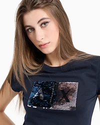 Armani Exchange - Slim fit T-shirt stretch cotton jersey, Woman, Navy Blue, Size: