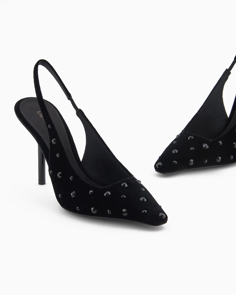 Emporio Armani - Velvet slingback court shoes with rhinestones, Woman, Black, Size: