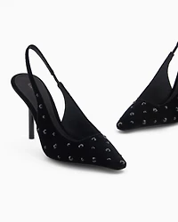 Emporio Armani - Velvet slingback court shoes with rhinestones, Woman, Black, Size: