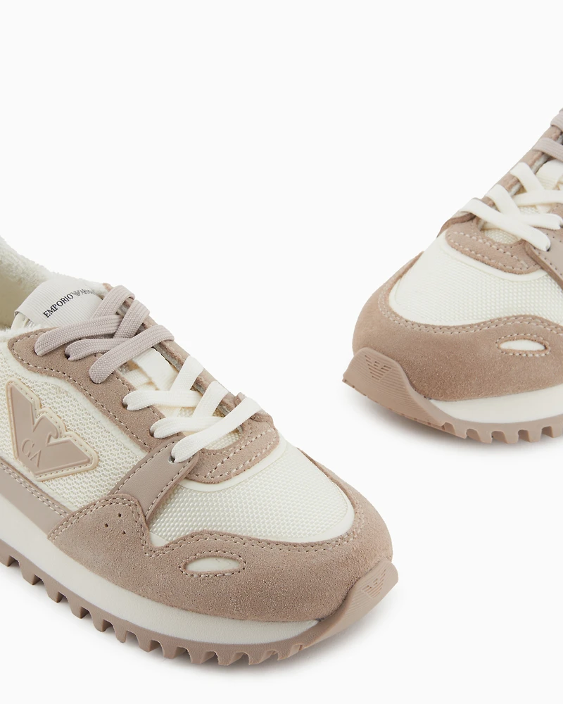 Emporio Armani - Mesh sneakers with suede details and eagle patch, Boy, Beige, Size:
