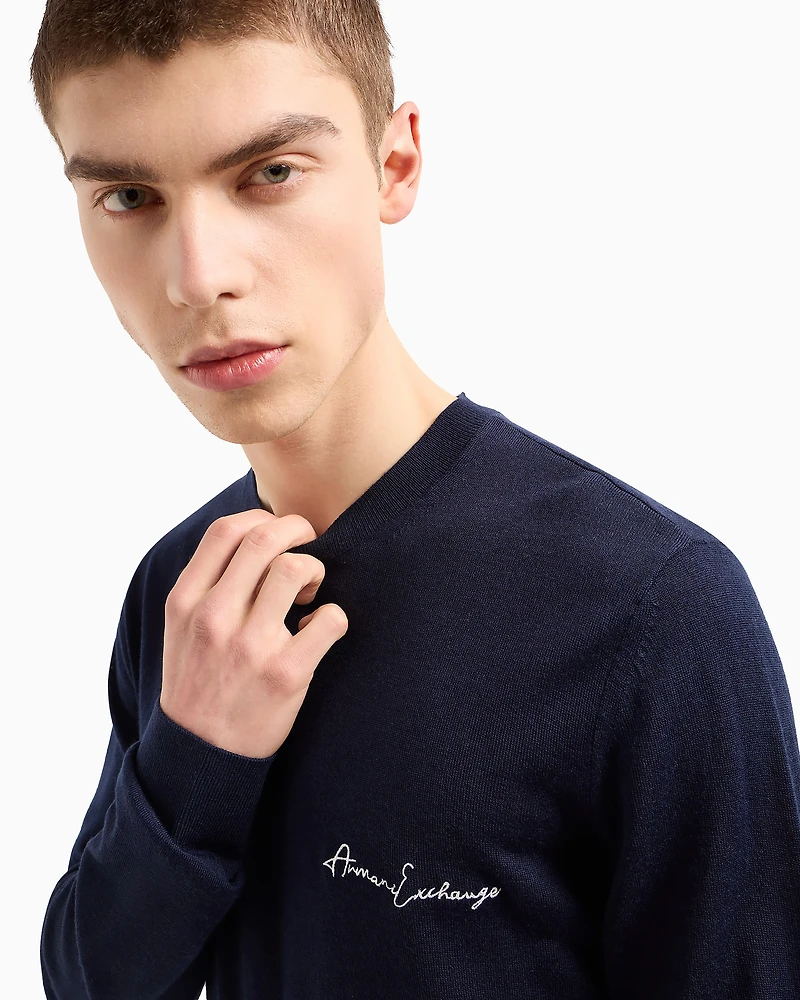Armani Exchange - Wool blend crew neck sweater with chest logo, Man, Navy Blue, Size: