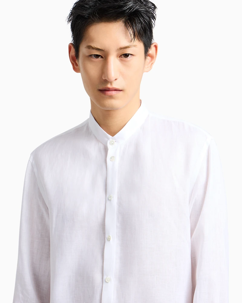 Emporio Armani - Linen chambray shirt with guru collar, Man, White, Size: