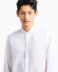 Emporio Armani - Linen chambray shirt with guru collar, Man, White, Size: