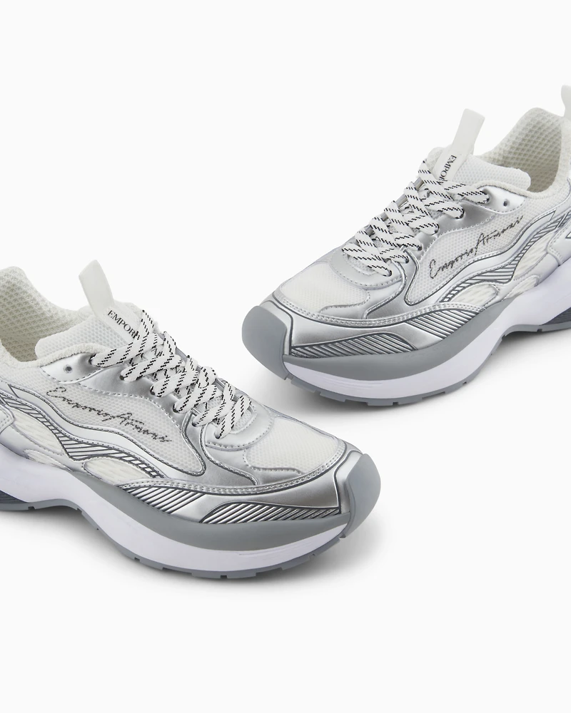 Emporio Armani - Mesh sneakers with laminated details and signature logo, Woman, Silver, Size: