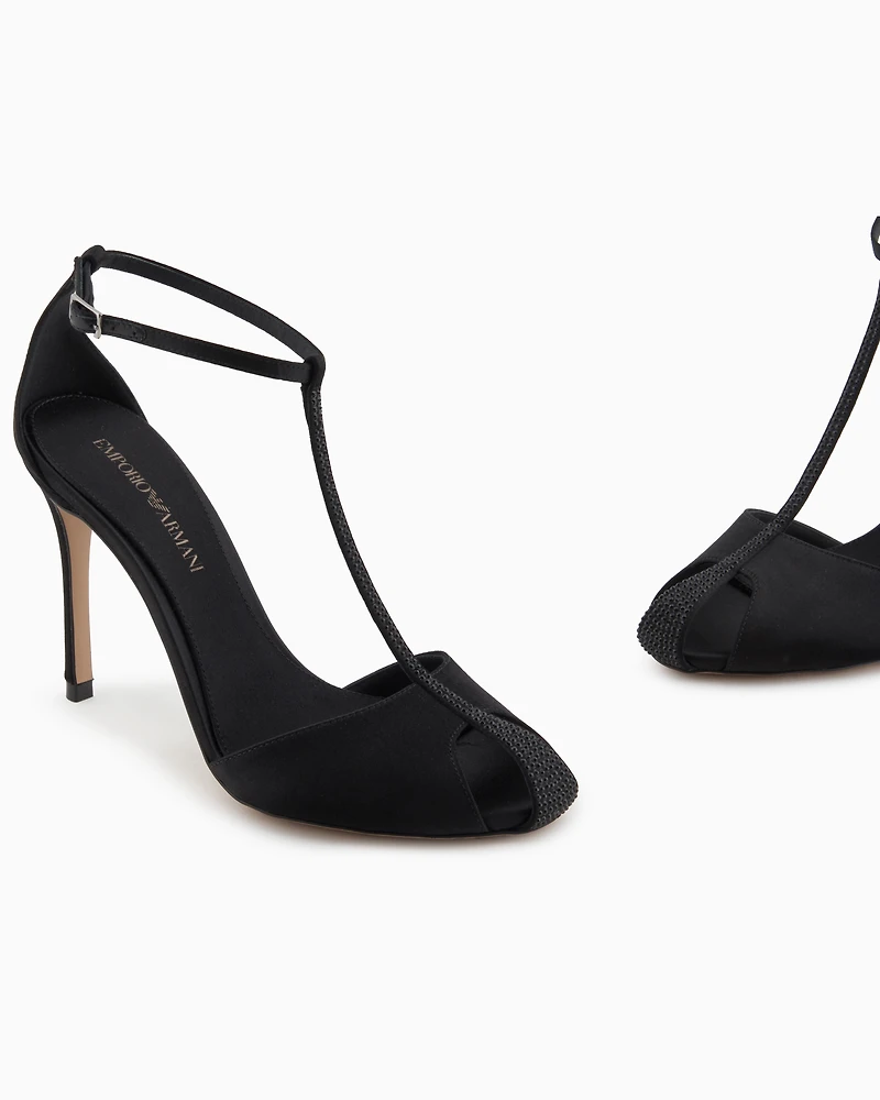 Emporio Armani - Satin T-bar sandals with rhinestones, Woman, Black, Size: