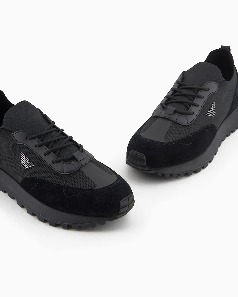 Emporio Armani - Knit sneakers with suede details, Man, Black, Size: