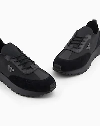 Emporio Armani - Knit sneakers with suede details, Man, Black, Size: