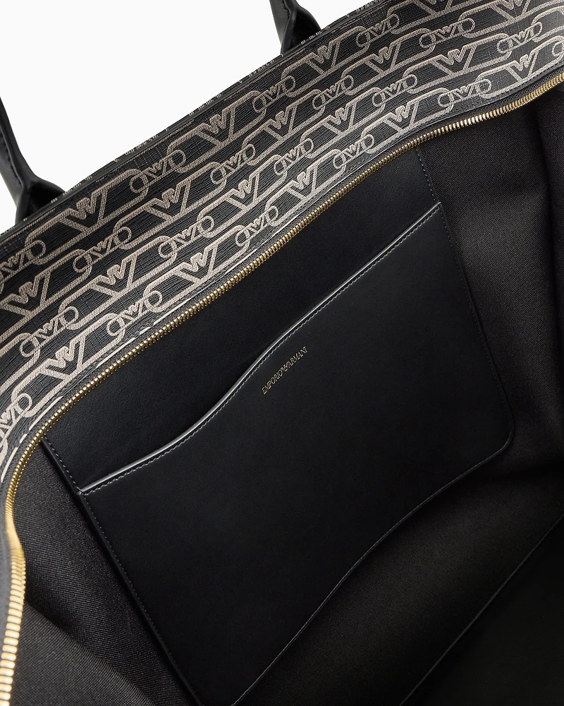 Emporio Armani - Oversized shopper bag with all-over monogram print, Woman, Black, Size: TU