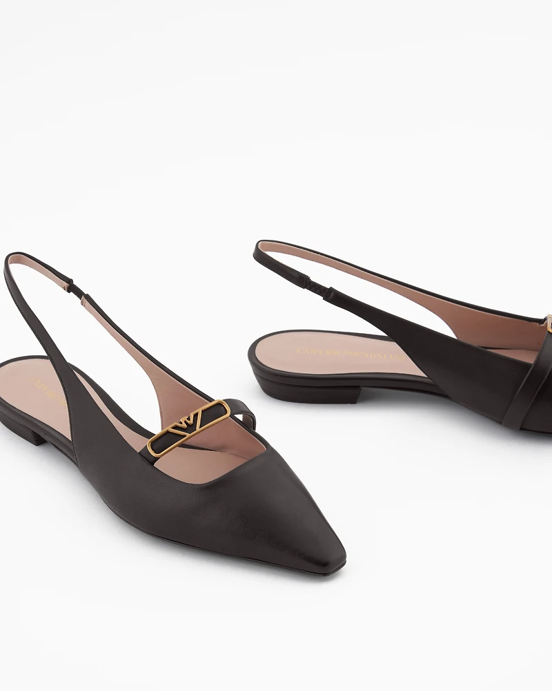 Emporio Armani - Nappa-leather slingback ballerinas with eagle plate, Woman, Brown, Size: