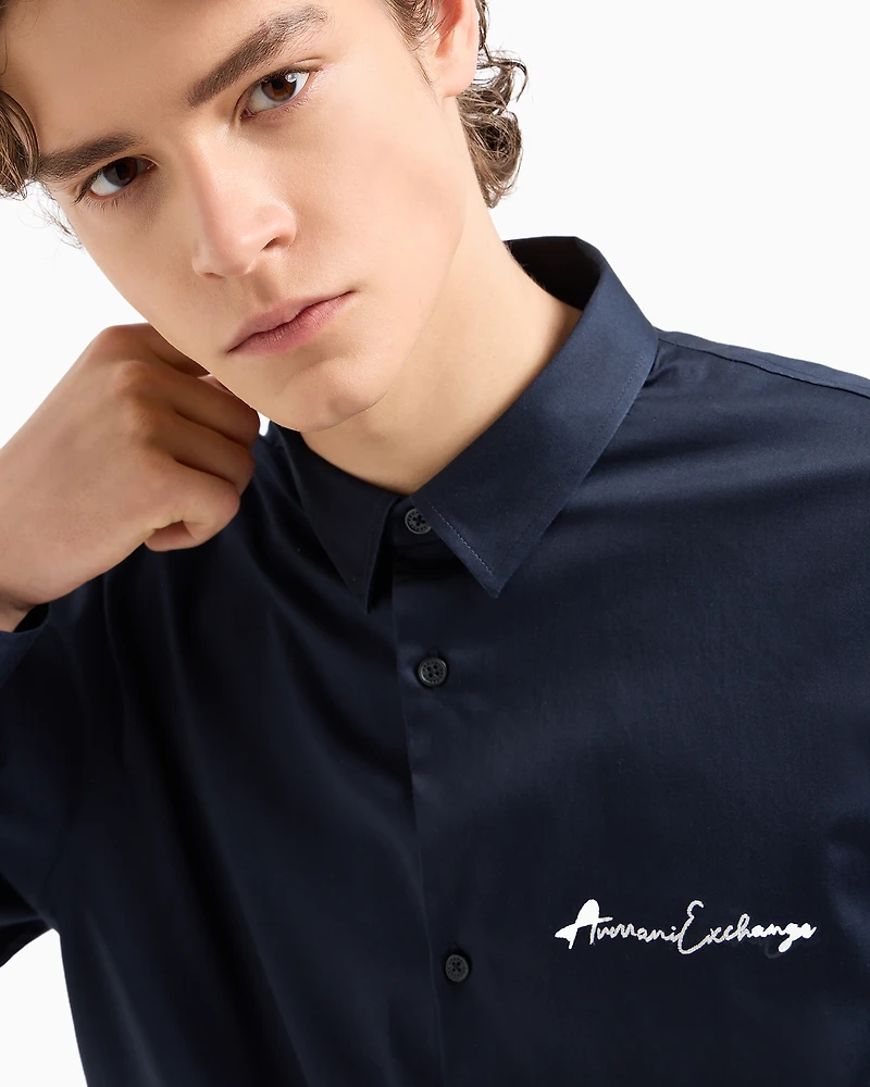 Armani Exchange - Regular fit shirt in stretch satin cotton, Man, Navy Blue, Size: XS