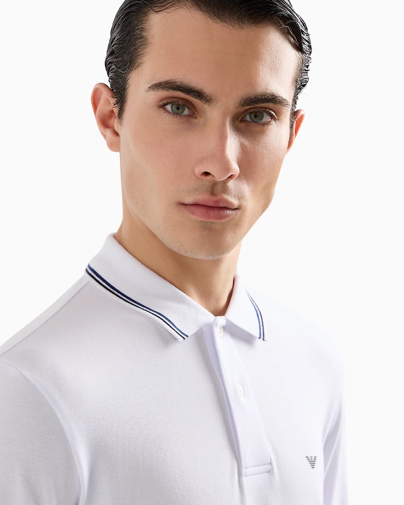 Emporio Armani - Long-sleeved stretch piqué polo shirt with micro eagle embroidery, Man, White, Size: