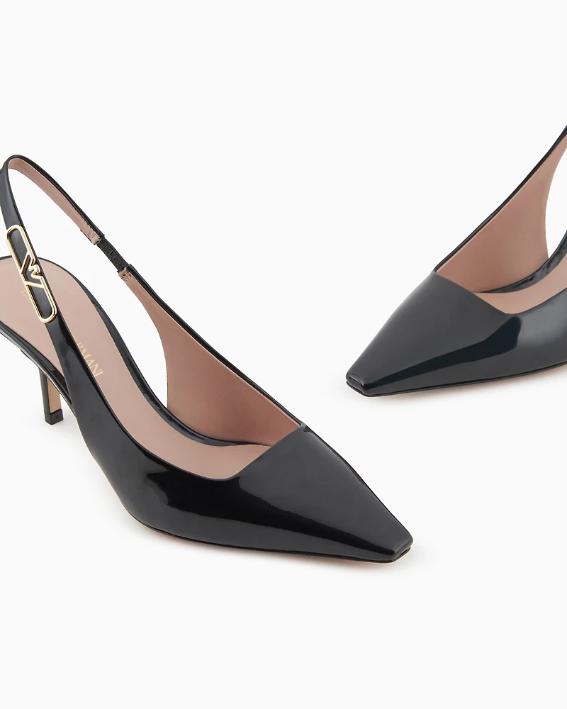 Emporio Armani - Patent-leather slingback court shoes with eagle plate, Woman, Black, Size: