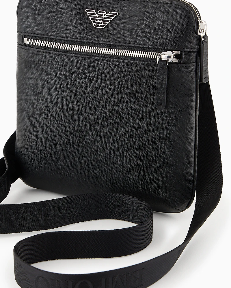 Emporio Armani - ASV regenerated Saffiano leather flat shoulder bag with eagle plate, Man, Black, Size: TU