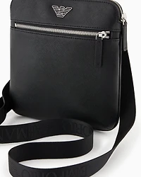 Emporio Armani - ASV regenerated Saffiano leather flat shoulder bag with eagle plate, Man, Black, Size: TU